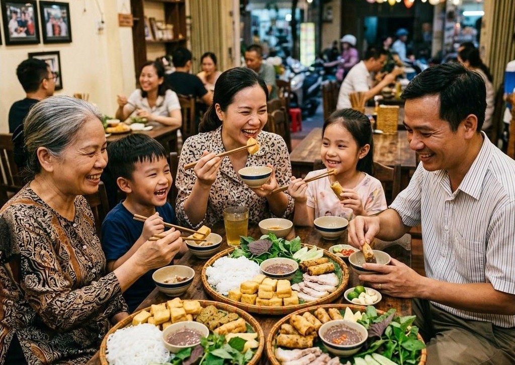 Gia đình ăn bún đậu