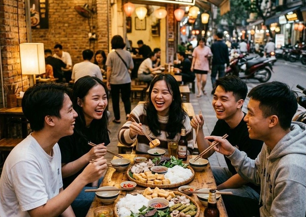 Bạn bè tụ họp ăn bún đậu